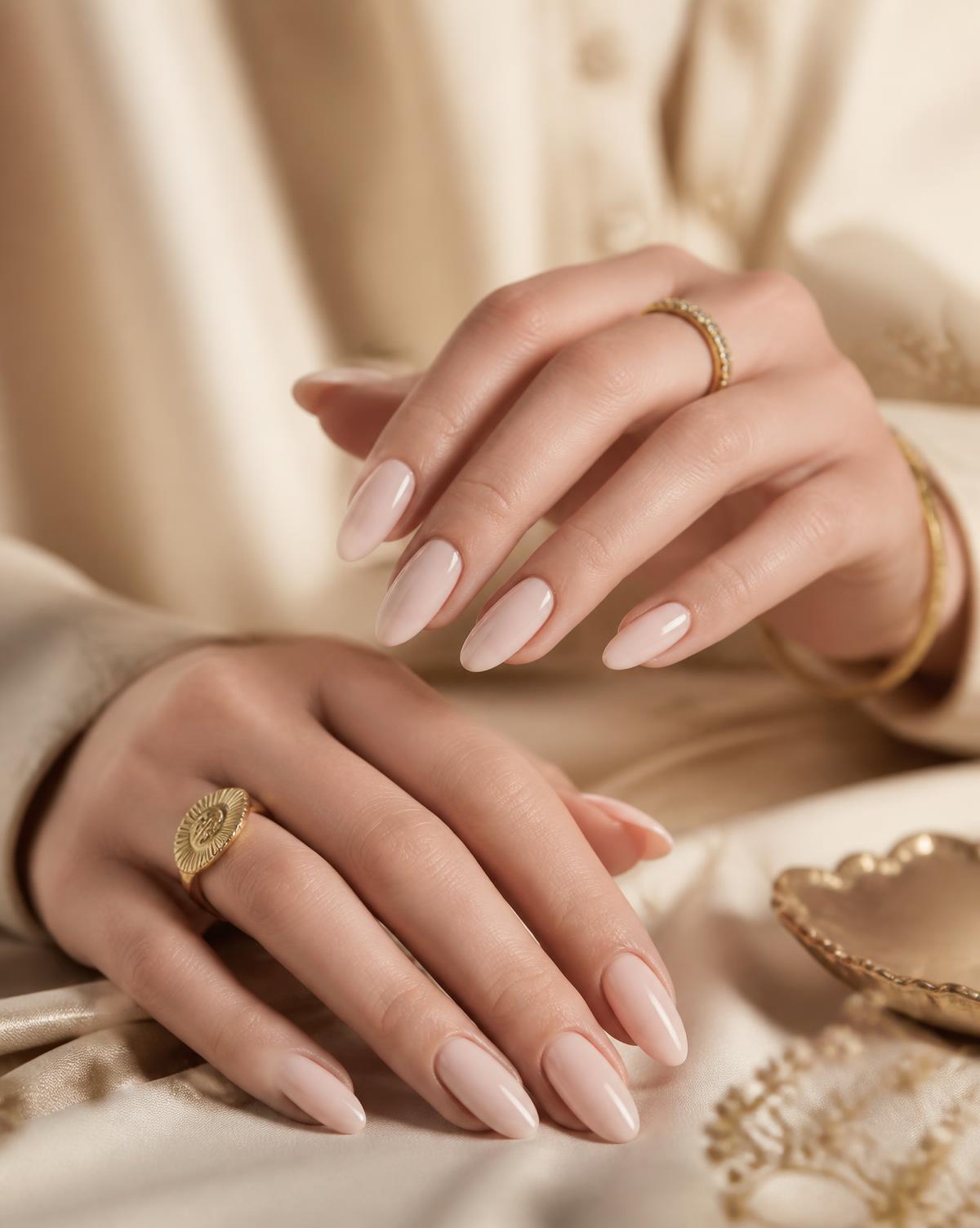 Uñas almendra nude con acabado glossy
