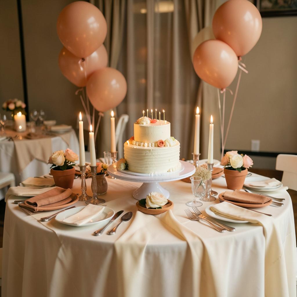 Mesa de celebración decorada con globos y velas