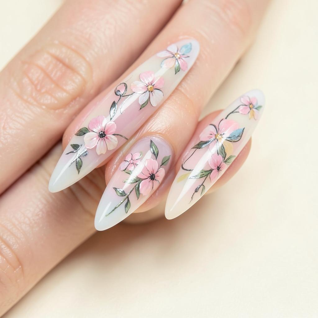 Nail art floral pastel sobre uñas almendra