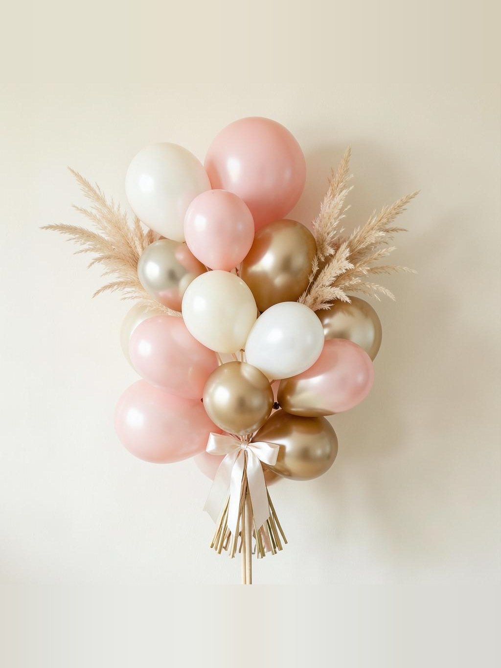 Bouquet de globos rosa, blanco y dorado con pampas